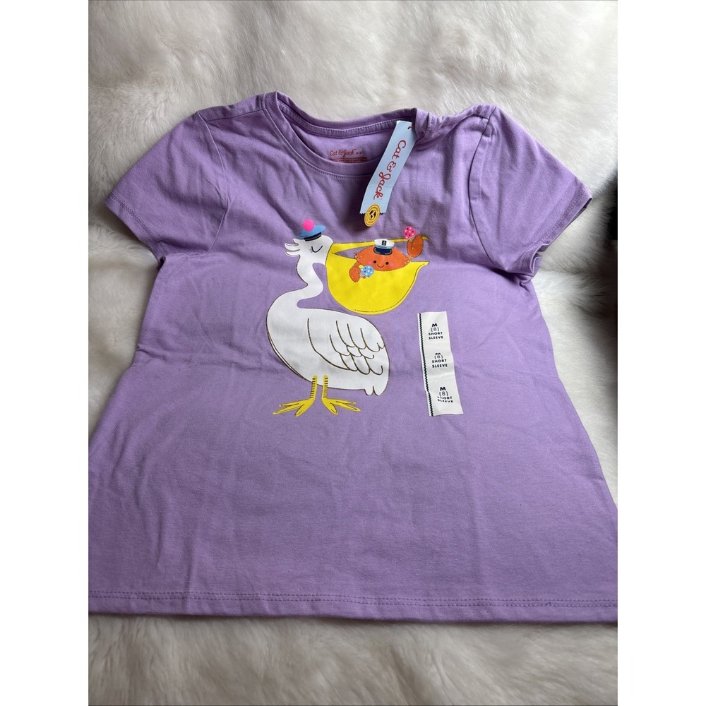Cat & Jack Girls' Short Sleeve Pelican Crab Graphic Shirt Lilac SIZE MED(8) NEW